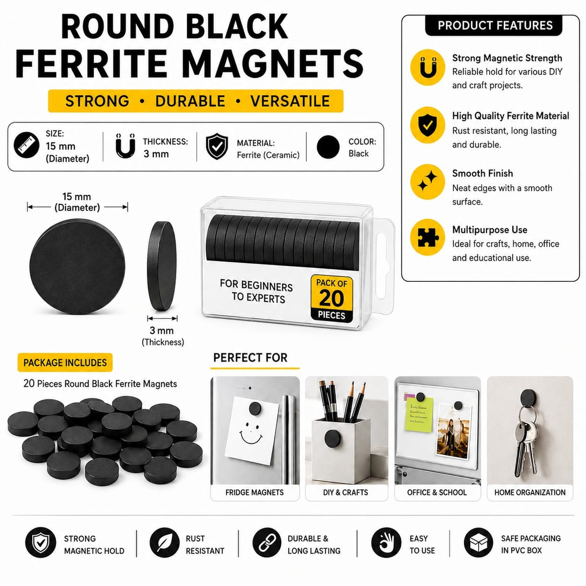 GENERIC 15 × 3 mm Round Black Ferrite Magnets – Pack of 20