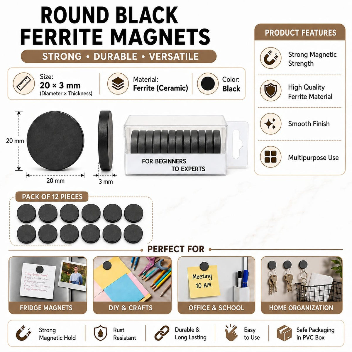 GENERIC 20 × 3 mm Round Black Ferrite Magnets – Pack of 12
