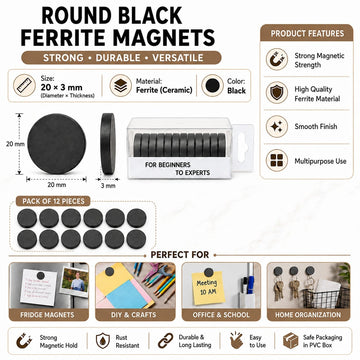 GENERIC 20 × 3 mm Round Black Ferrite Magnets – Pack of 12