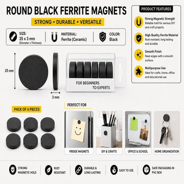 GENERIC 25 × 3 mm Round Black Ferrite Magnets – Pack of 9