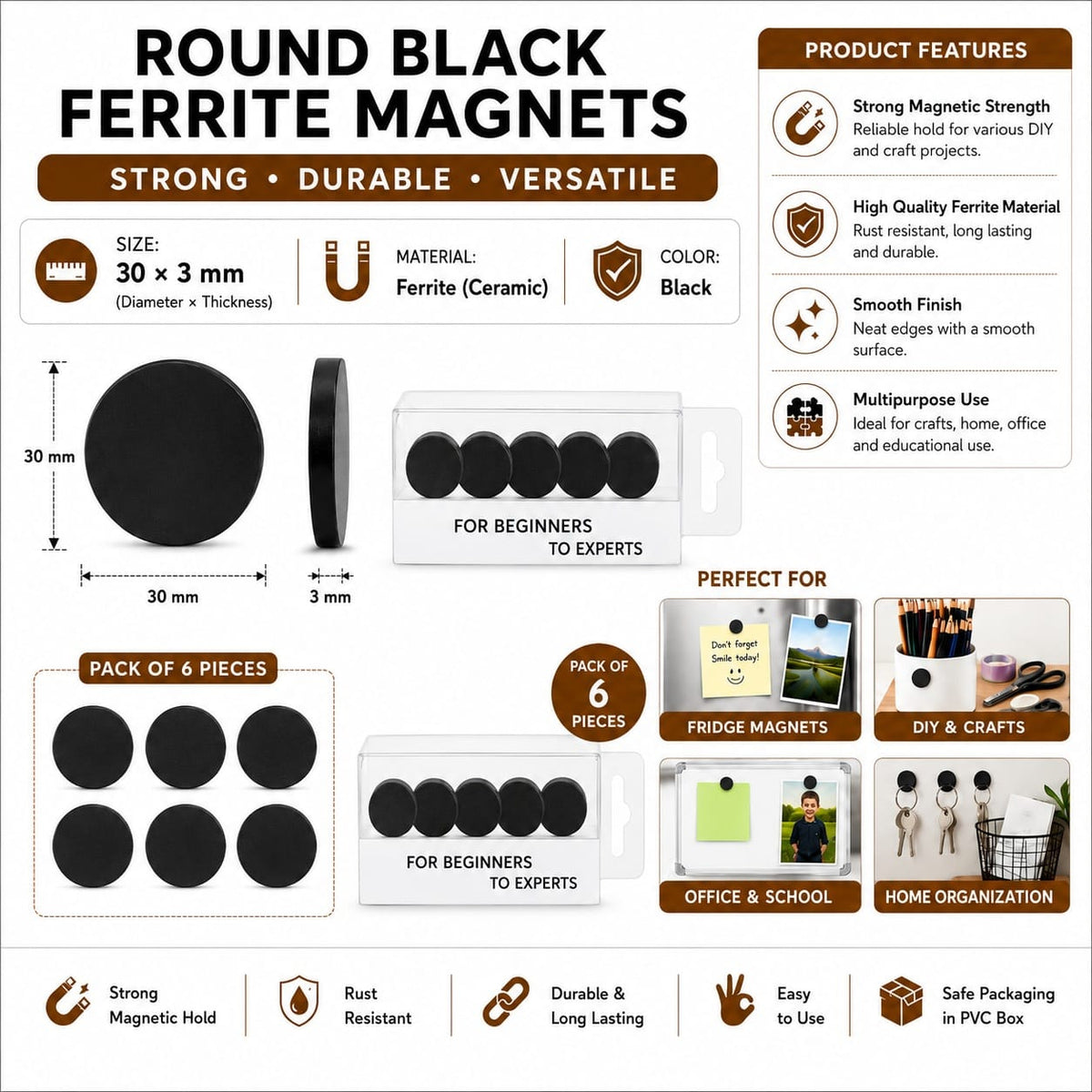 GENERIC 30 × 3 mm Round Black Ferrite Magnets – Pack of 6
