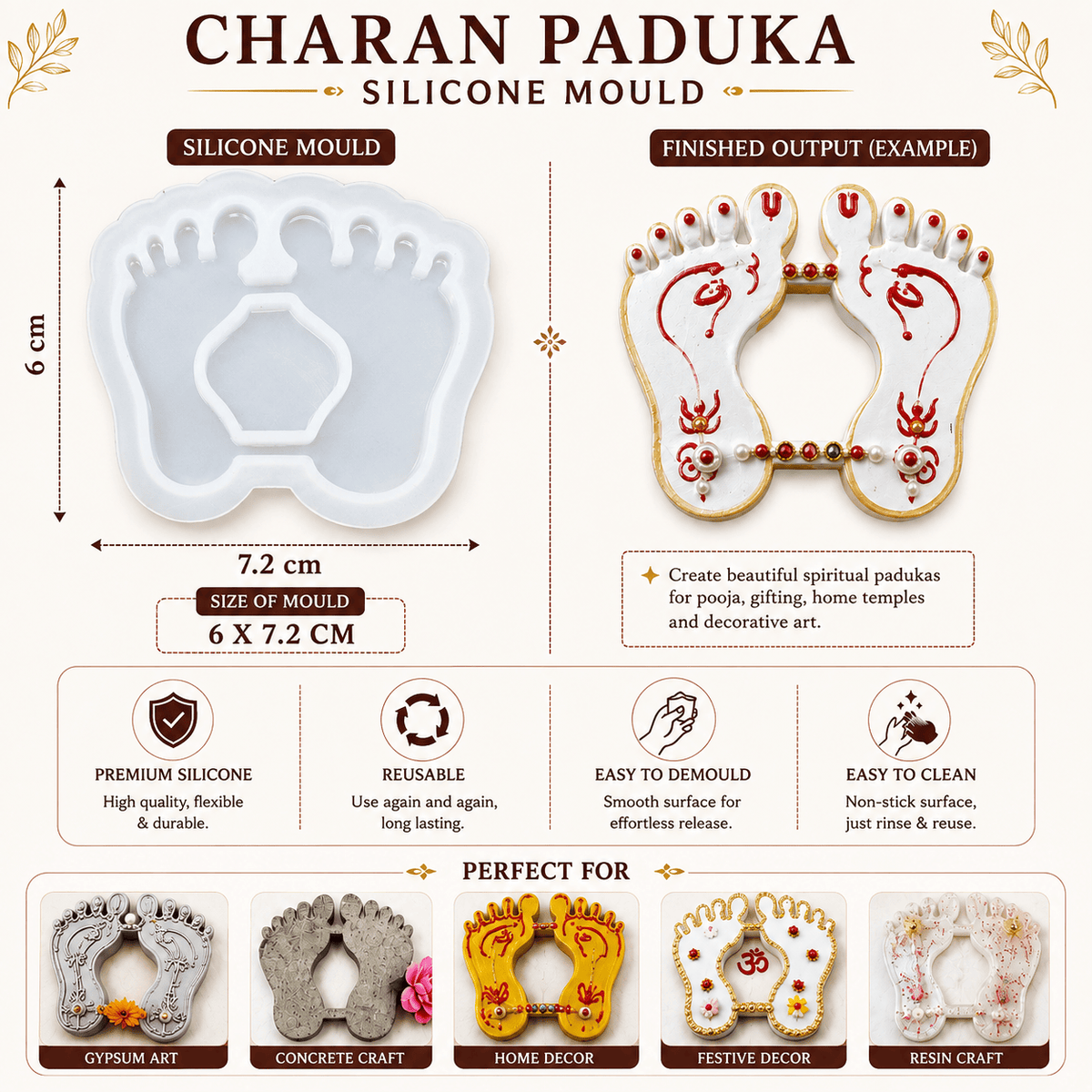 Crafteria Charan Paduka Silicone Mould for Resin, Gypsum and Concrete Crafts – 6 × 7.2 cm
