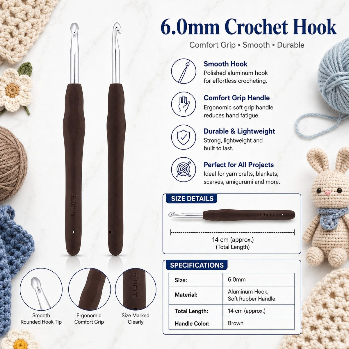 GENERIC 6.0 mm Crochet Hook with Soft Ergonomic Grip Handle – Pack of 10 Pieces, 14 cm