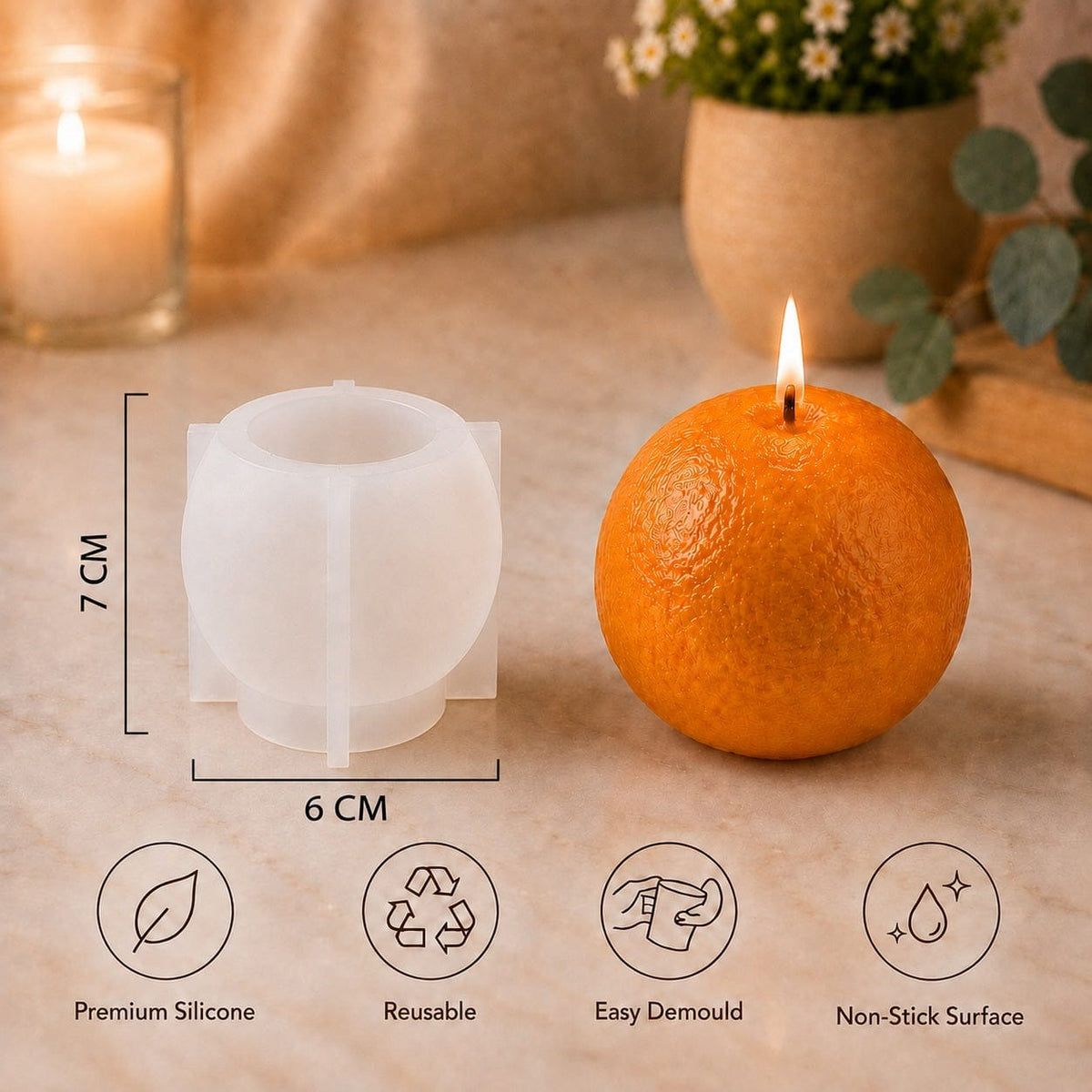 Crafteria Orange Fruit Shape Silicone Candle Mould - 3D Sphere Mould