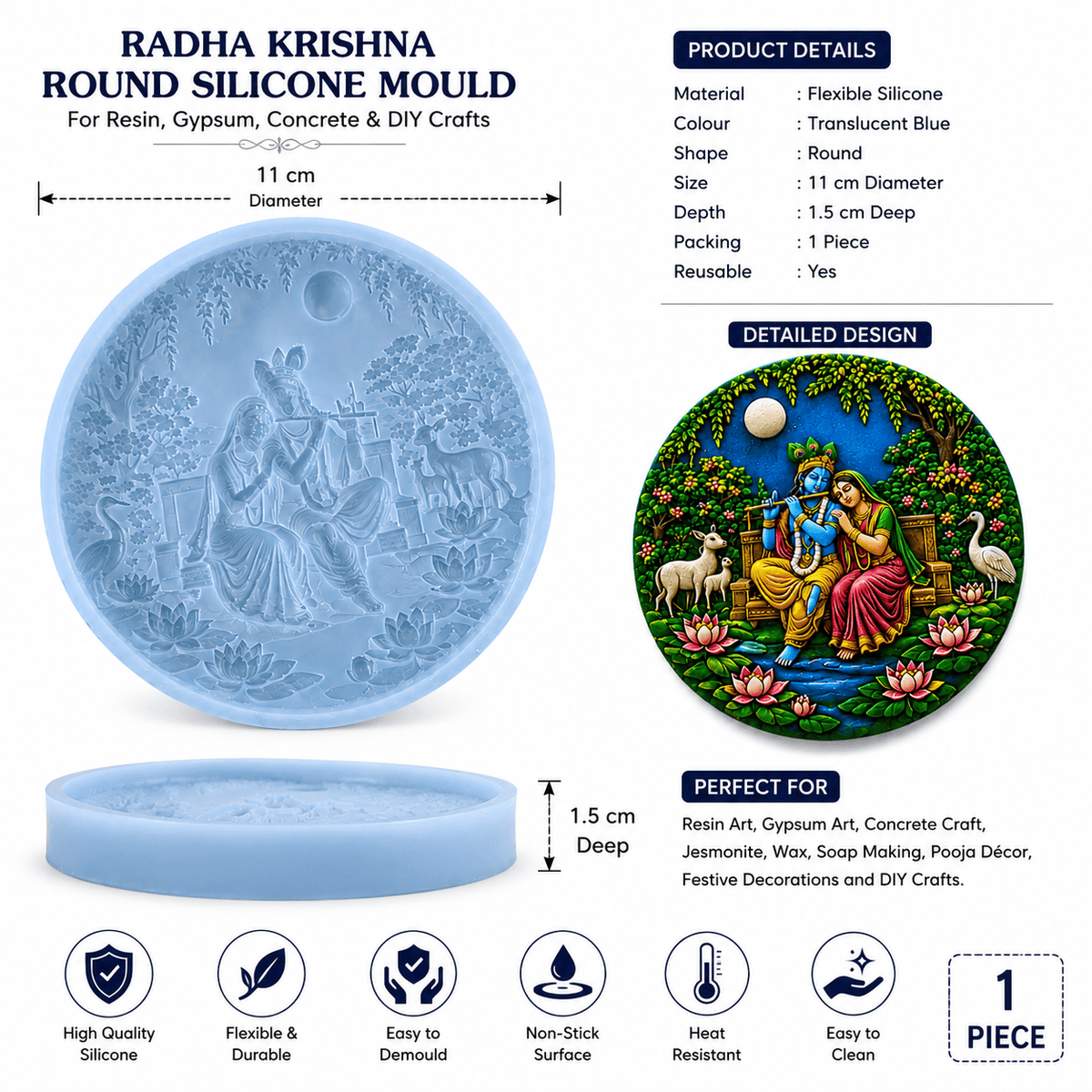 Crafteria Radha Krishna Round Silicone Mould – 11 cm | Detailed Religious Art Mould for Resin, Gypsum & Concrete Crafts